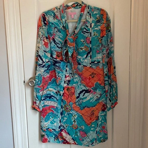 silk map dress 19 Momme Silk Map Print Midi Dress, Multicolored Print / S